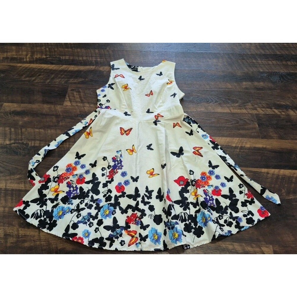 Owin Butterflies Print Sleeveless Fit And Flare Dress Size XL Ivory